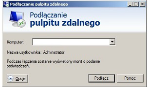 Okno „Podłączanie pulpitu zdalnego” z polem Komputer i przyciskiem Podłącz.