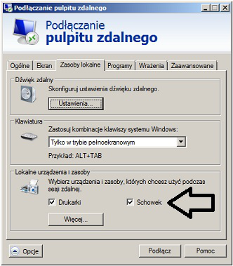 To samo okno, zakładka „Zasoby lokalne”: w sekcji „Lokalne urządzenia i zasoby” zaznaczone pole „Schowek”, wskazane odręczną strzałką.